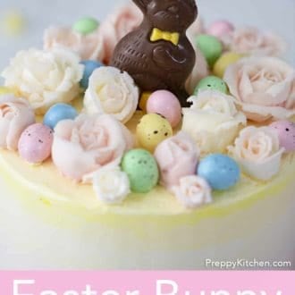 3 layered strawberry easter cake with flowers and bunny