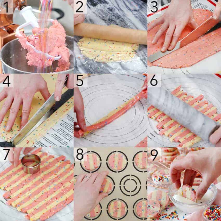 A photo collage showing steps to make Funfetti Cookies