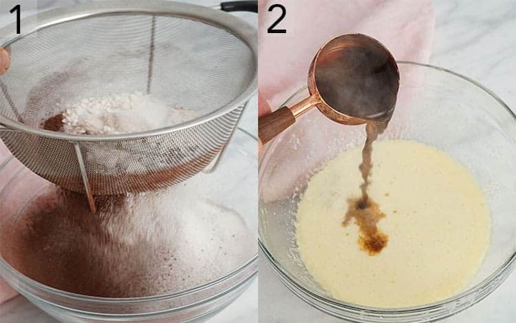 Two photos showing dry and wet ingredients being mixed for a mocha cake.
