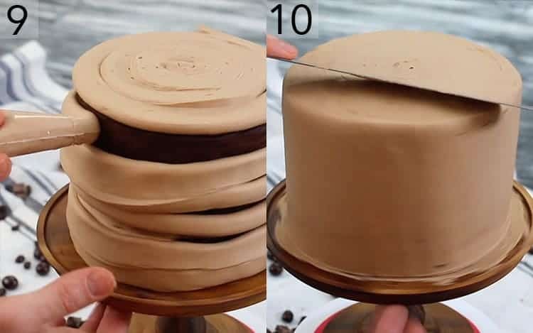 Two photos showing a mocha cake getting covered in mocha frosting and smoothed..
