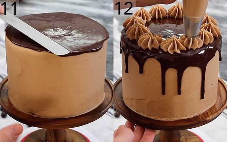 Two photos showing a mocha cake getting topped with chocolate ganache and dollops of buttercream..