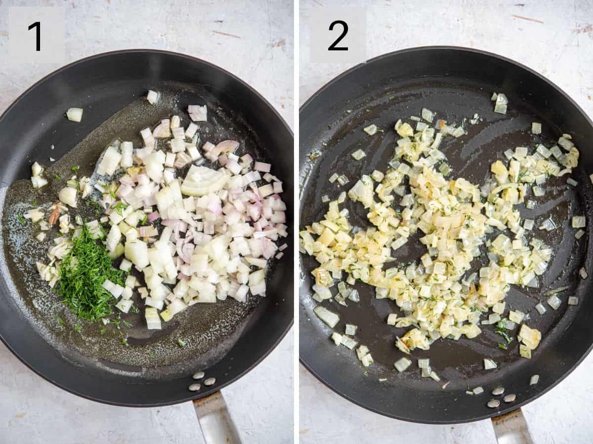 Two photos showing how to saute onions, garlic and herbs
