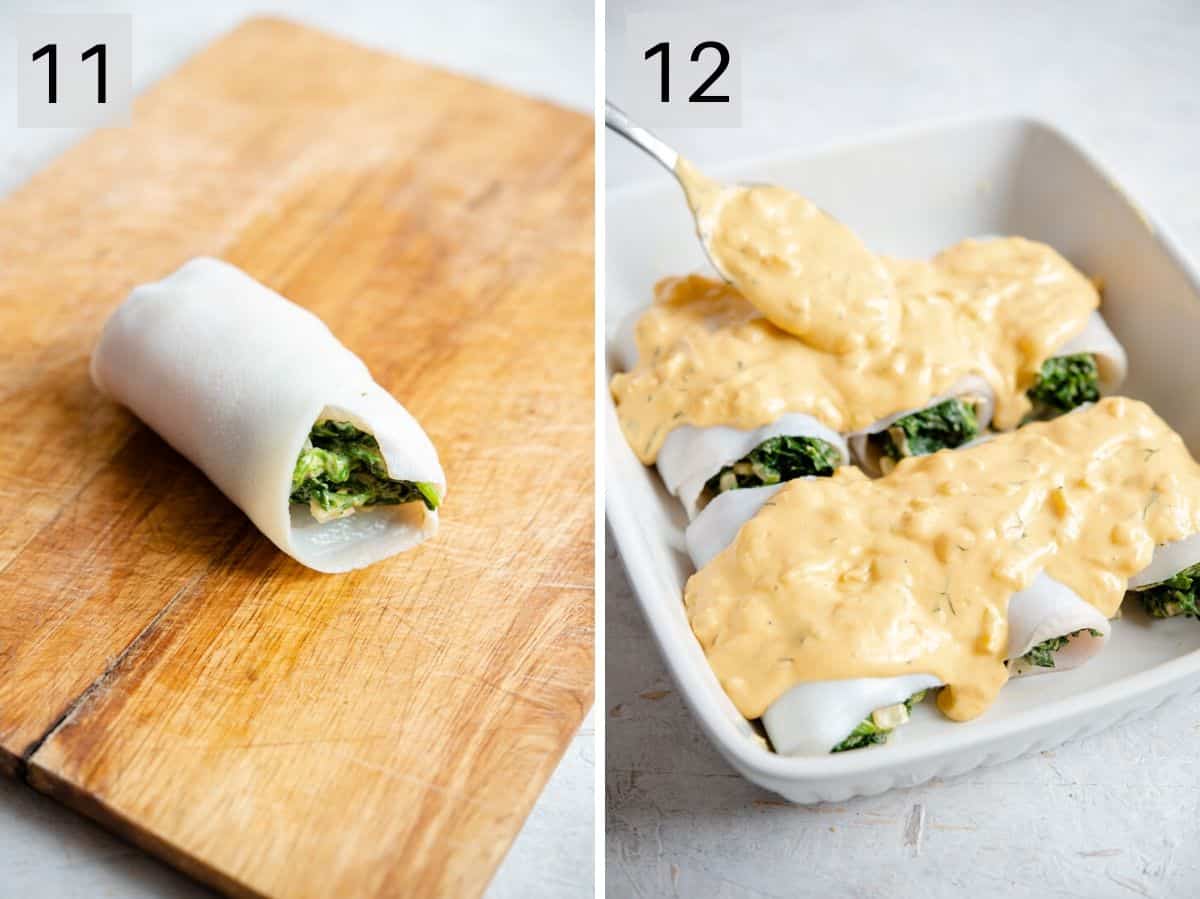 Two photos showing what stuffed sole looks like and how to bake it