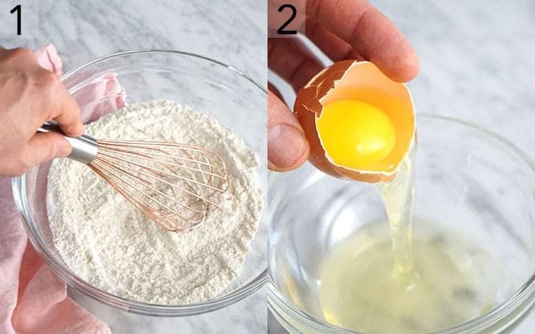 Two photos showing dry ingredients getting whisked and eggs being separated