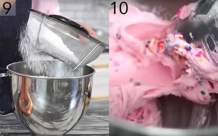 Two photos showing pink sprinkle buttercream being mixed.