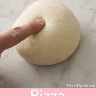 Pinterest graphic of a finger pressing pizza dough.