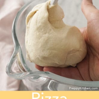Pinterest graphic of pizza dough in a mixer.