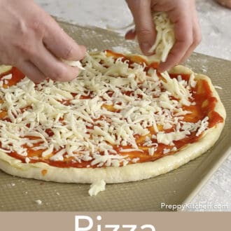 Pinterest graphic of cheese being added to a pizza.