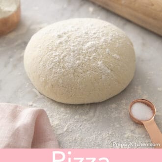 Pinterest graphic of pizza dough next to a rolling pin.