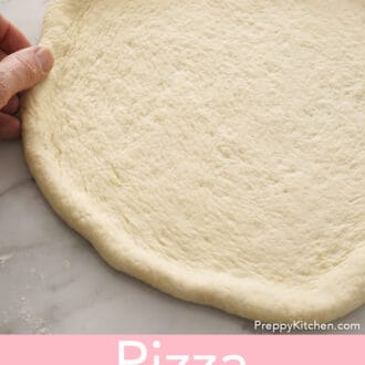 Pinterest graphic of pizza dough getting stretched.
