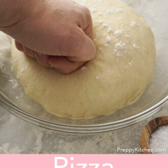 Pinterest graphic of pizza dough getting punched.