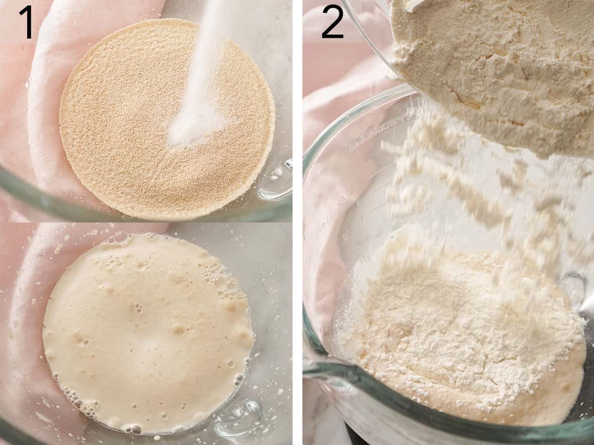 Set of three photos showing sugar added to yeast and yeast bloomed then flour added to it.