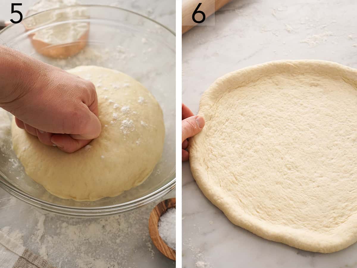 Set of two photos showing dough punched down and rolled out.
