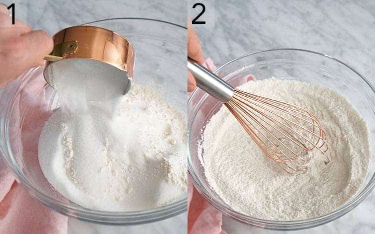 Two photos showing dry ingredients being added to a bowl then whisked for vanilla cupcakes.