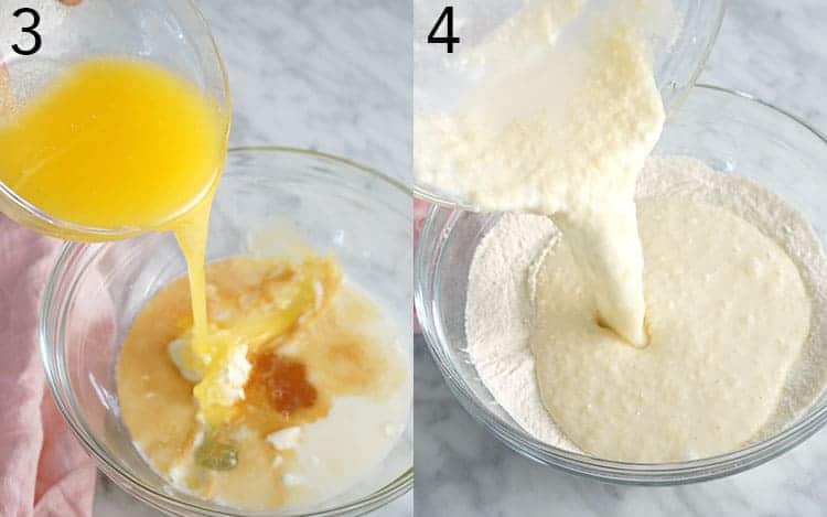 Two photos showing butter being poured into a bowl and funfetti cake batter being mixed.