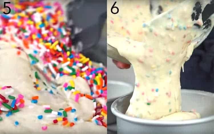 Two photos showing sprinkles pouring into batter and batter pouring into pans.