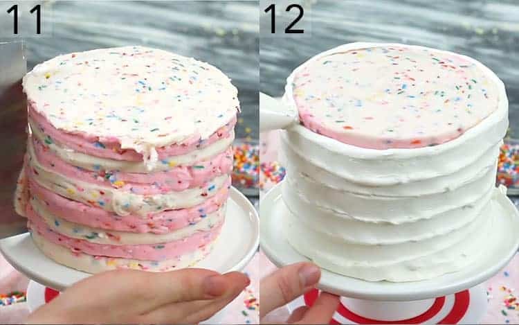 Two photos showing a funfetti cake being decorated.