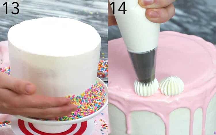 Two photos showing sprinkles pressed onto a cake and dollops piped on top.