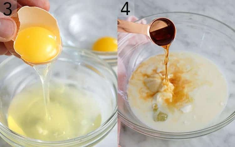 Two photos showing eggs being separated and wet ingredients going into a bowl for vanilla cupcakes.