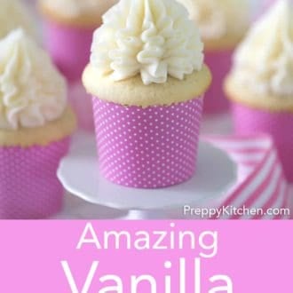 vanilla cupcake with vanilla buttercream frosting in a pink cupcake paper