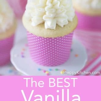 vanilla cupcake with vanilla buttercream frosting in a pink cupcake paper