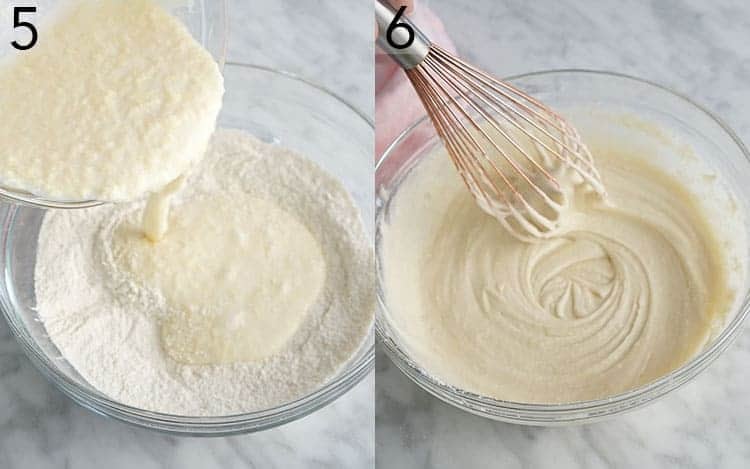 Two photos showing wet ingredients being poured into dry then whisked for vanilla cupcakes.