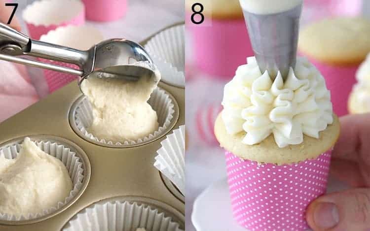 vanilla cupcake batter being transferred to papers with an ice cream scoop and the cupcakes being decorated.