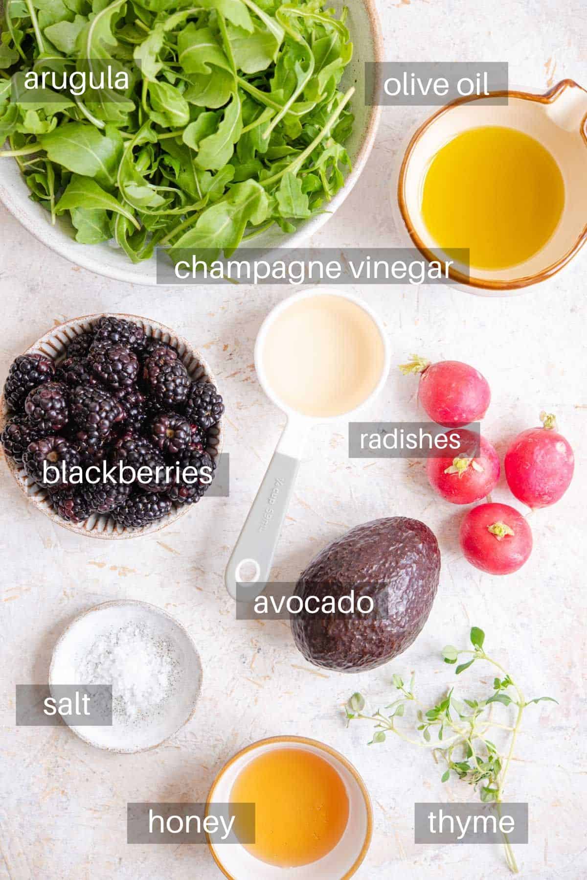 An overhead shot of all the ingredients you need to make a blackberry salad