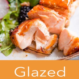 A pinterest graphic showing a side shot of glazed salmon on a plate and glazed salmon written underneath