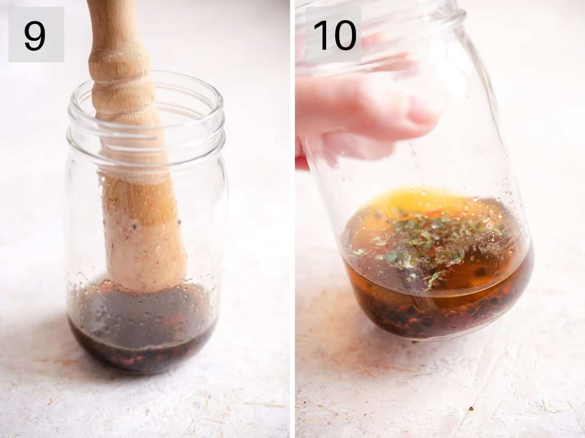 Two photos showing how to make a blackberry salad dressing