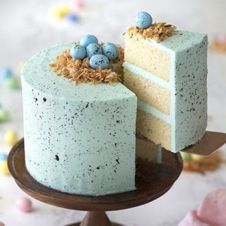 Photo of a blue vanilla cake with chocolate eggs on top.