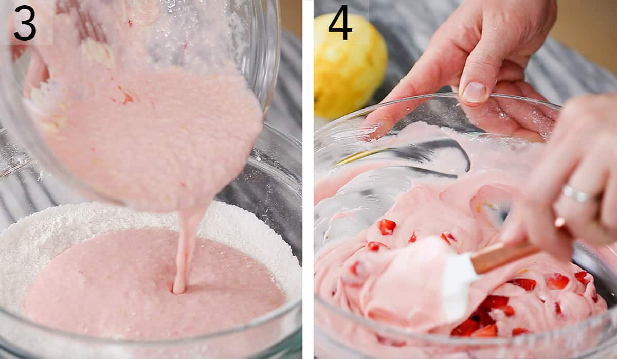 Strawberry cupcake batter being mixed.