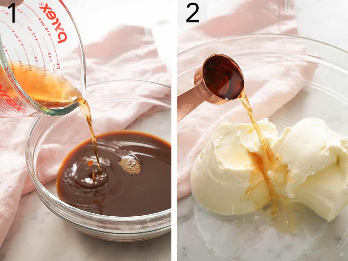 Set of two photos showing espresso and dark rum combined in a bowl and rum added to a bowl of mascarpone cheese.
