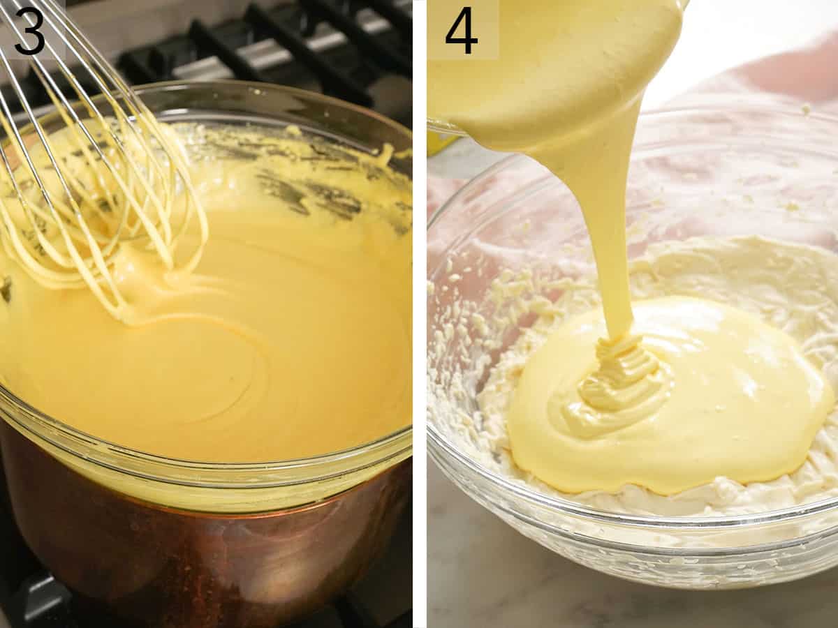 Set of two photos showing a eye yolk mixture whisked and egg yolk mixture poured into the mascarpone.