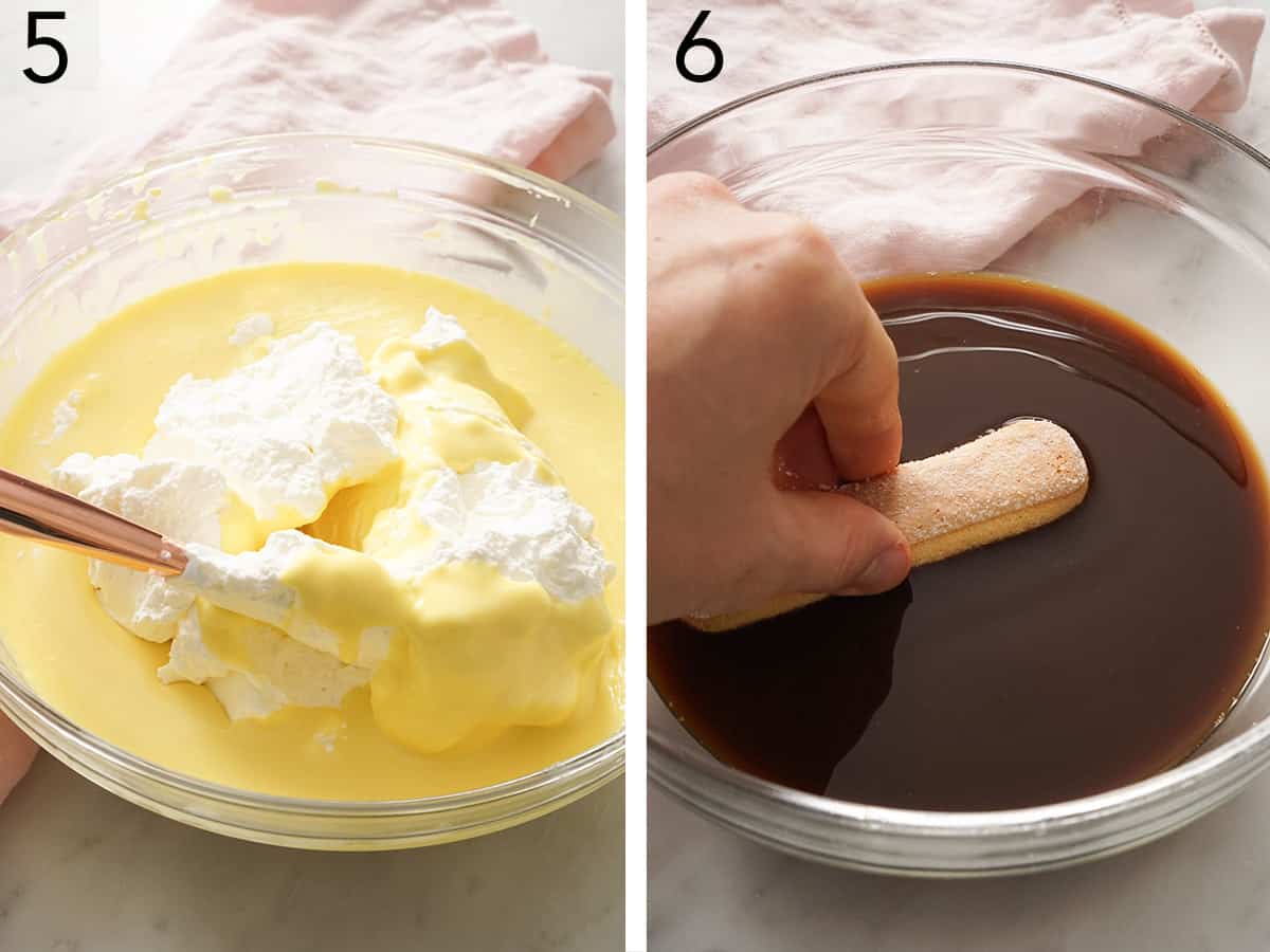 Set of two photos showing whipped cream folded into cold mascarpone mixture and lady fingers added to the espresso mixture.