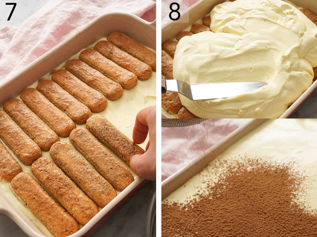 Set of two photos showing lady fingers added on top of the cream, more cream spread on top, and powder dusted on top.