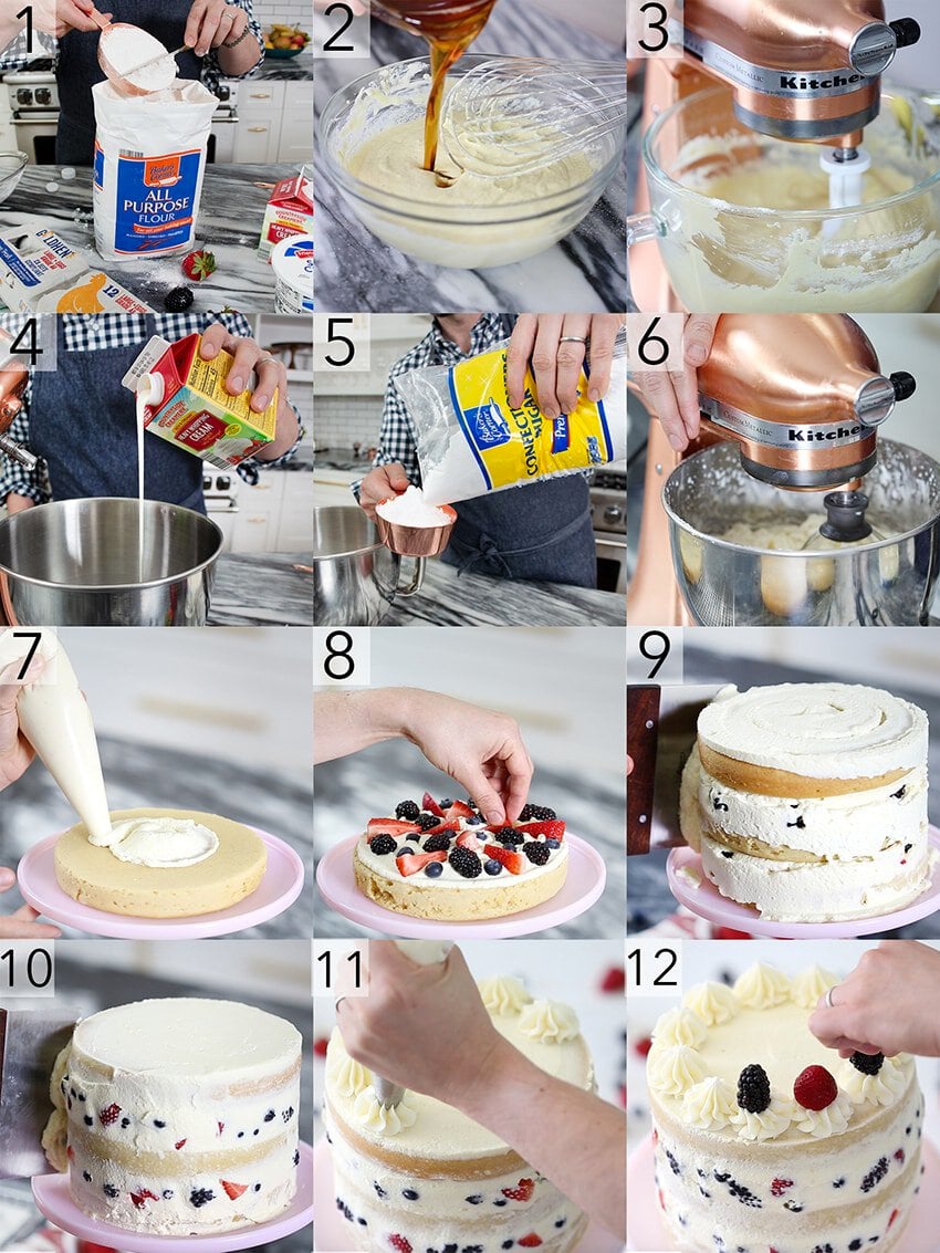 Photo collage showing steps to make a Berry Cake