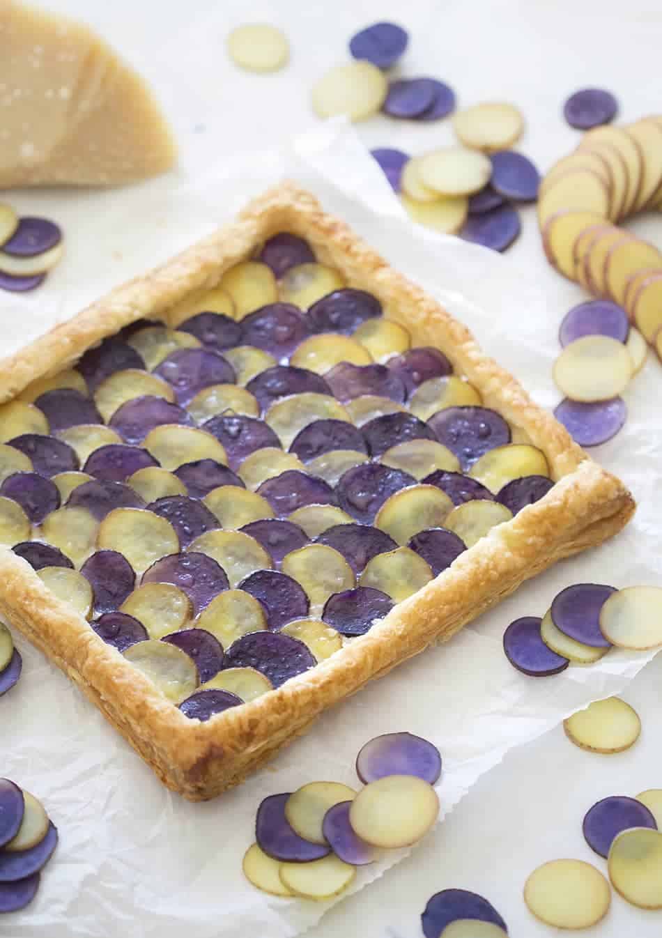 Photo of a stunning tart made from purple and white potatoes