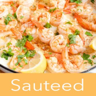 A pinterest graphic for sauteed shrimp