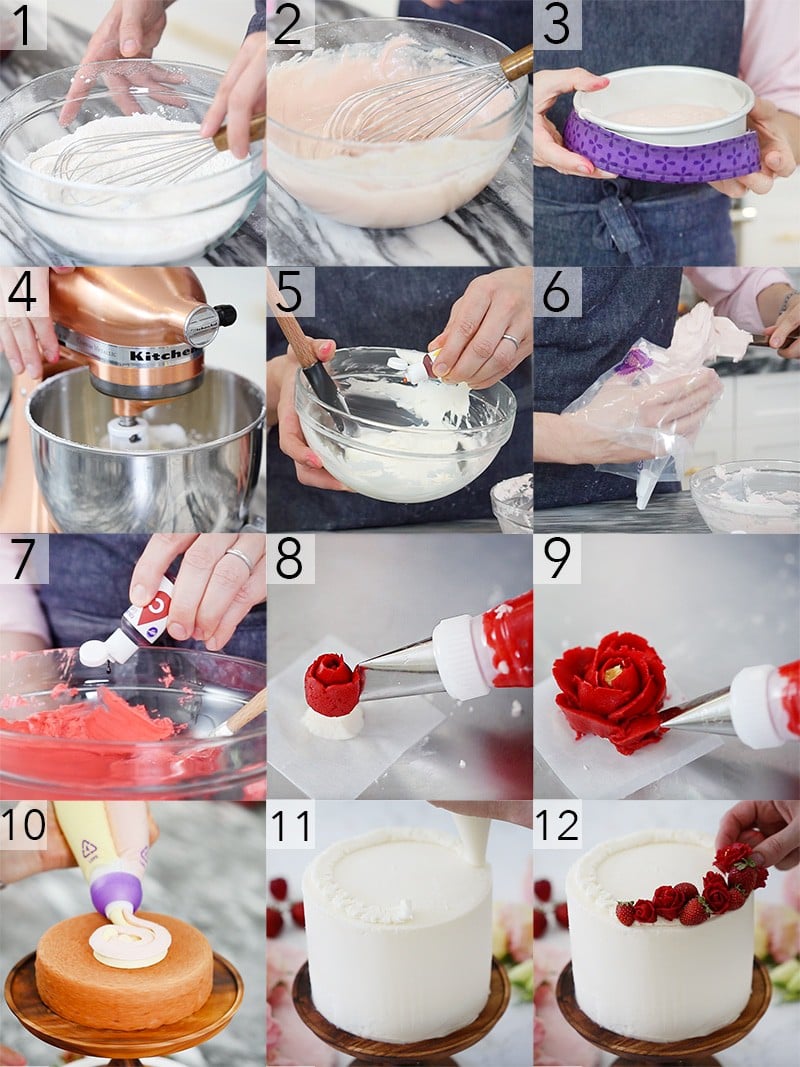 A photo collage showing steps to make a Strawberry Cake