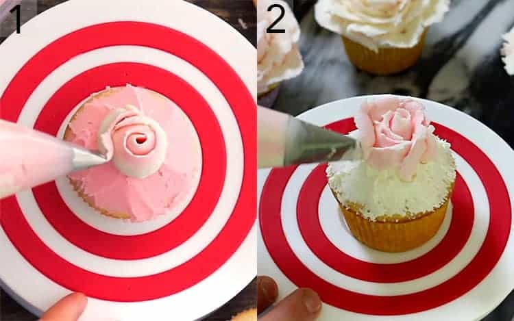 Two photos showing a buttercream rose being piped onto a cupcake.