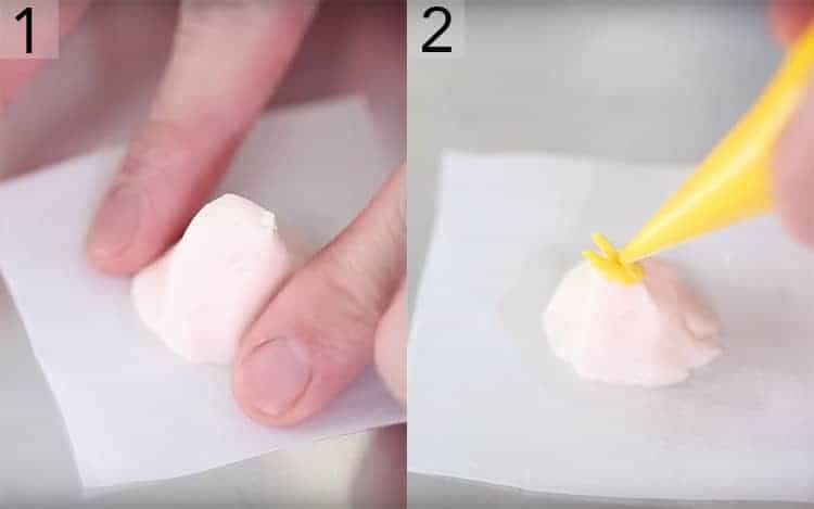 two photos showing the steps to make buttercream roses
