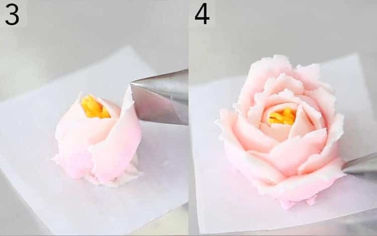 two photos showing buttercream roses getting completed