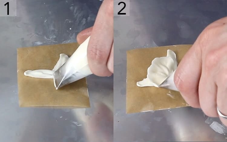 two photos showing the steps to make buttercream orchids