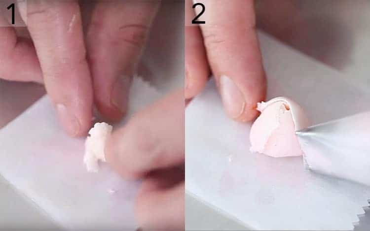 two photos showing the steps to make buttercream peonies