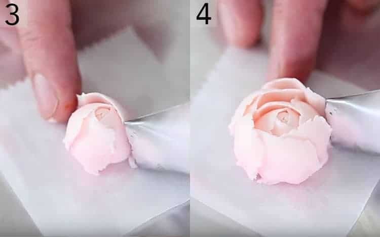 two photos showing buttercream peonies getting completed
