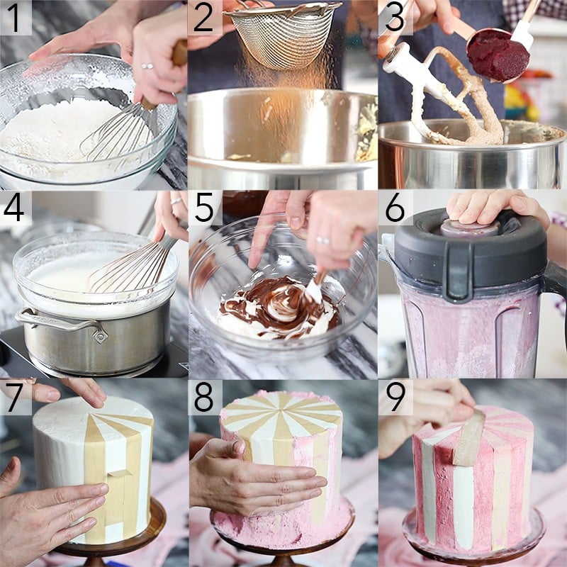 A photo showing steps on how to make a chocolate beet cake.
