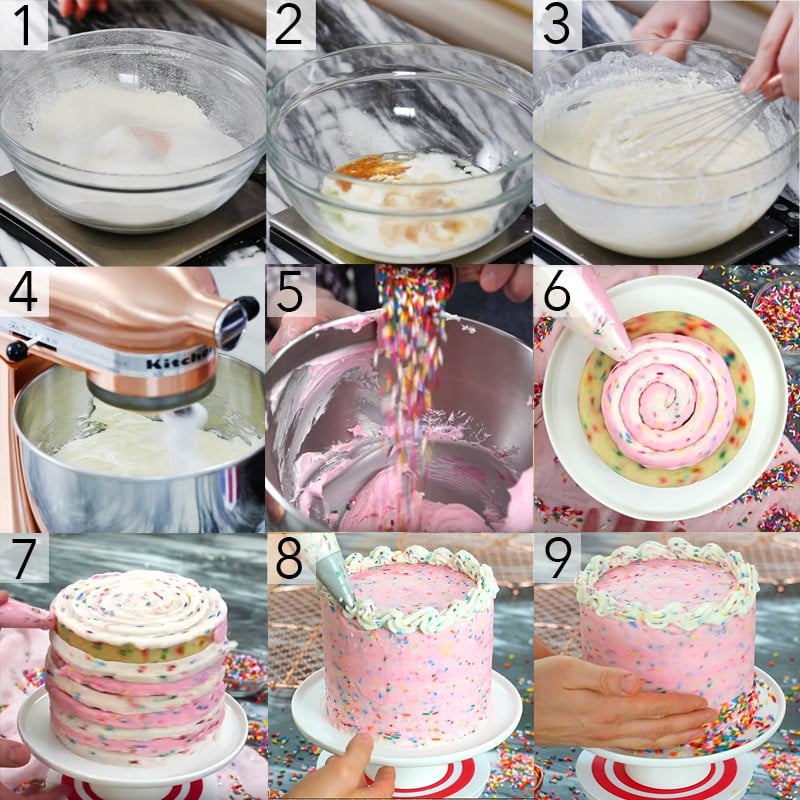 Photo collage showing steps to make a pink birthday cake