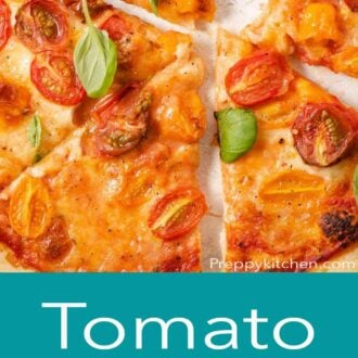 A pinterest graphic of a tomato pizza with cherry tomatoes