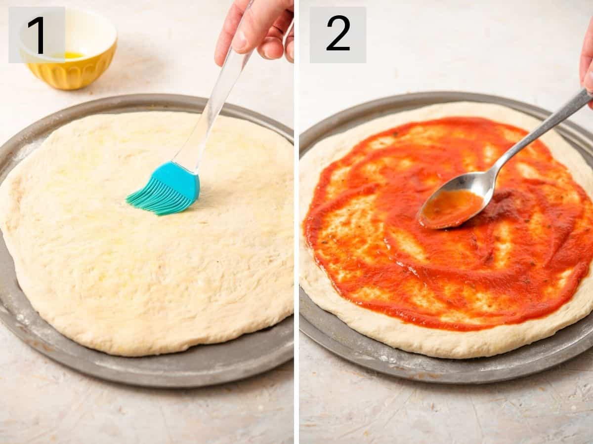 Two photos showing how to spread a pizza crust with oil and tomato